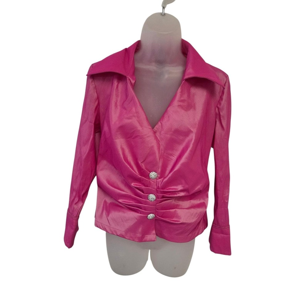 Vintage Tadashi Pink Satin Ruched Blazer Jacket Jeweled Buttons 80s 1990s UK 10